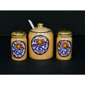 Vintage Lusterware Salt and Pepper Shakers With Mustard Pot and Spoon Japan